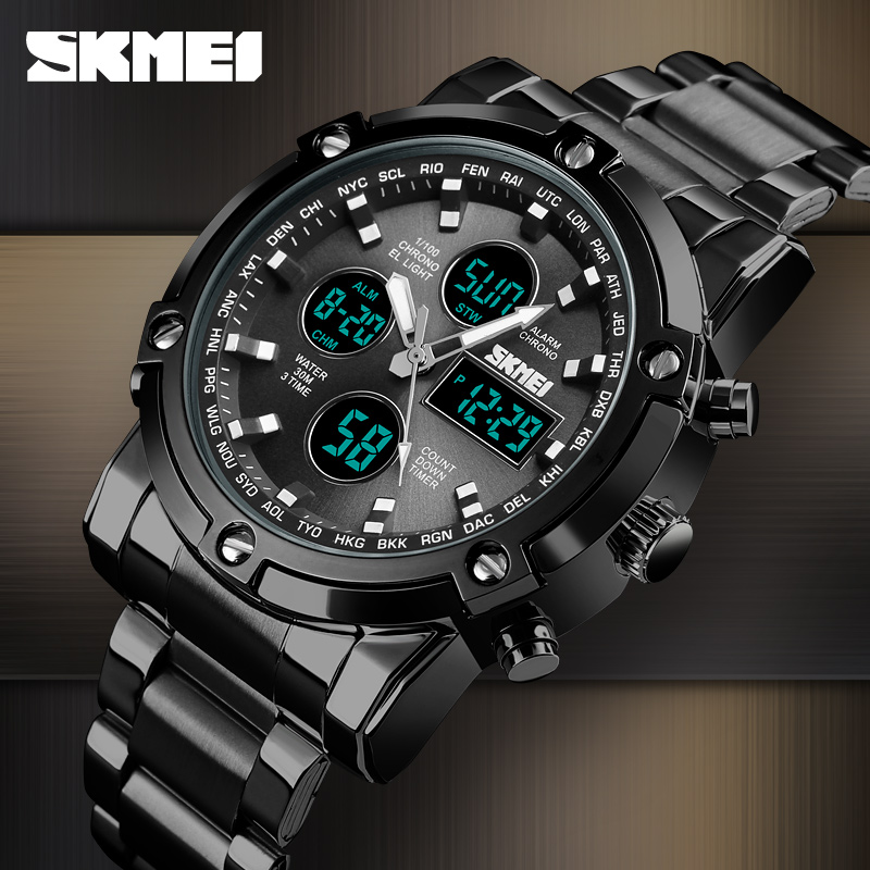 SKMEI 1389 Mens Quartz Digital Analog Watch Fashion Sport Wristwatch Waterproof Stainless steel Male Watches For Men