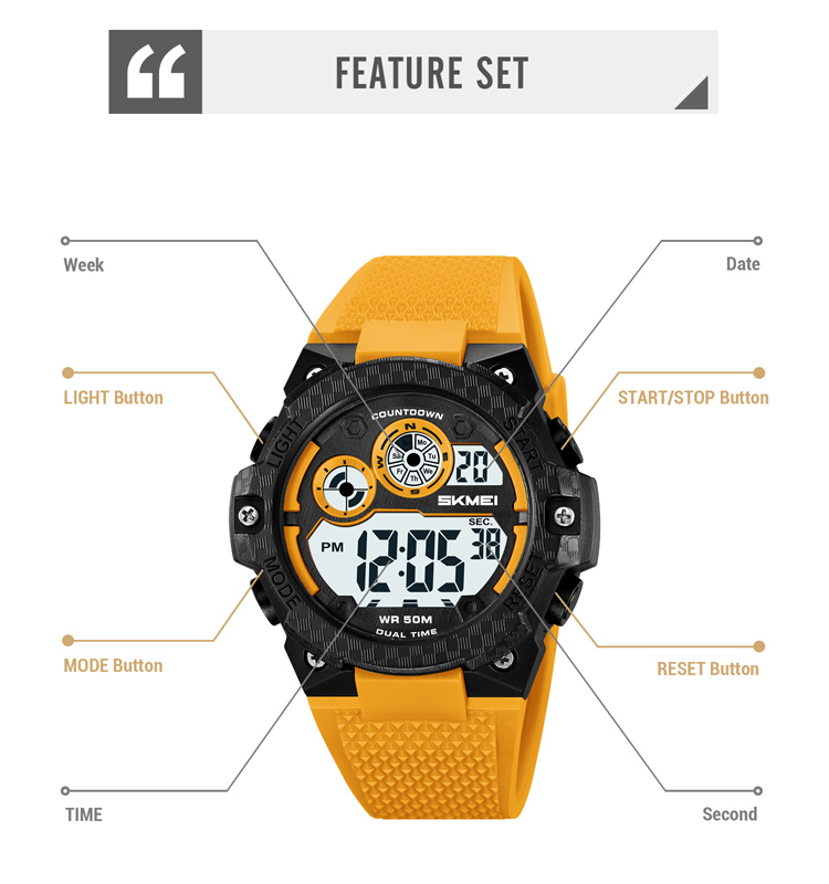 SKMEI 2337 Stylish water-proof stop watch minimalist digital stopwatch with yellow tpu watch band orologio