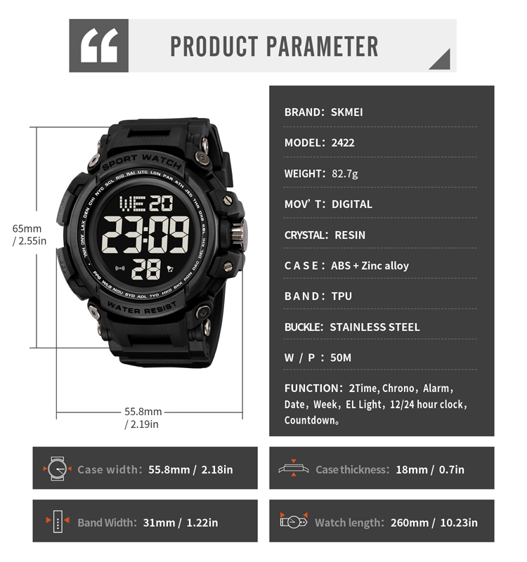 SKMEI 2422 Relojes para hombre large display digital watch waterproof cold light sport watches plastic waterproof