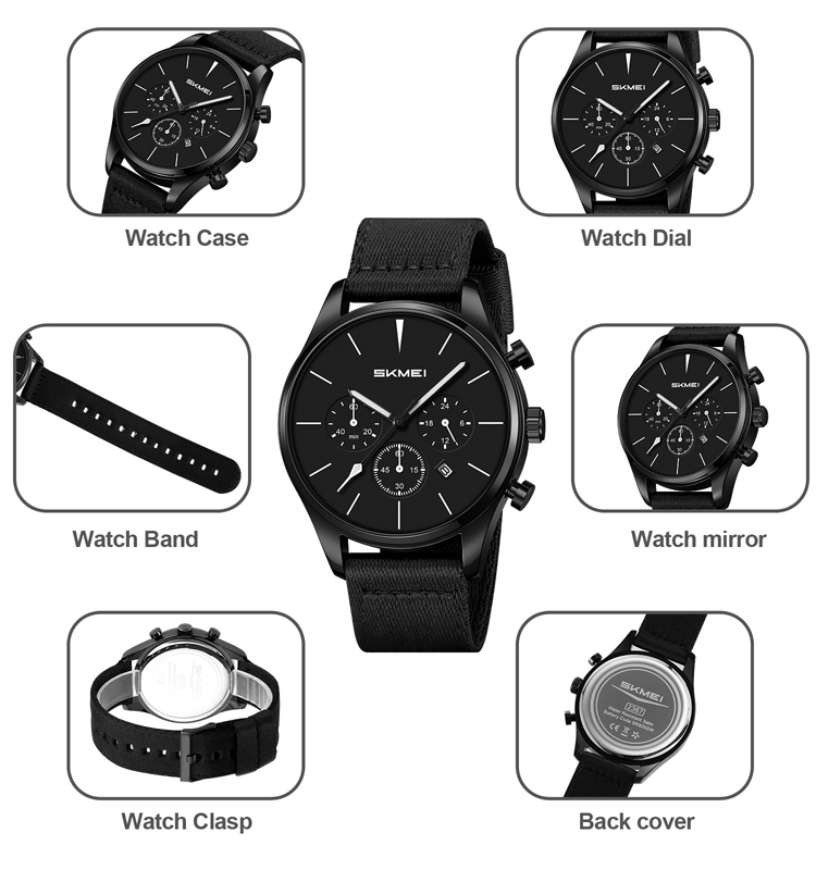 SKMEI 2367 Brand Reloj Hombre Nylon Strap Designer Wrist Watches Calendar Waterproof Sports Mens Chronograph Style Watch