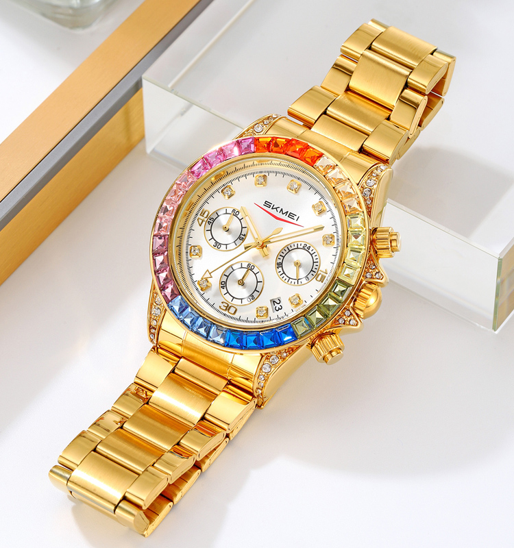 SKMEI 2352 High Quality Quartz Chrono Diamond Wristwatch Fashion Luxury Watch Stainless Steel Strap