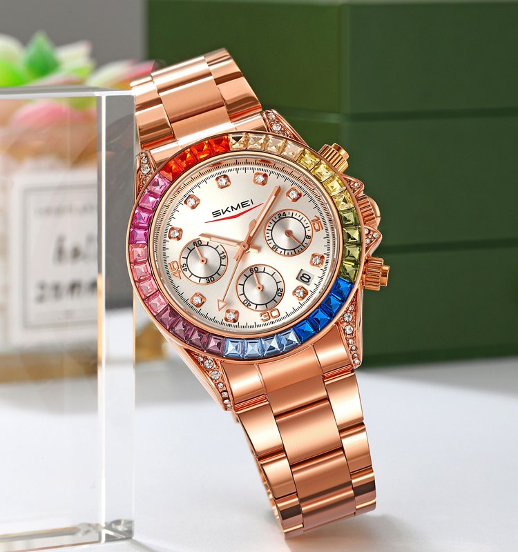 SKMEI 2352 High Quality Quartz Chrono Diamond Wristwatch Fashion Luxury Watch Stainless Steel Strap