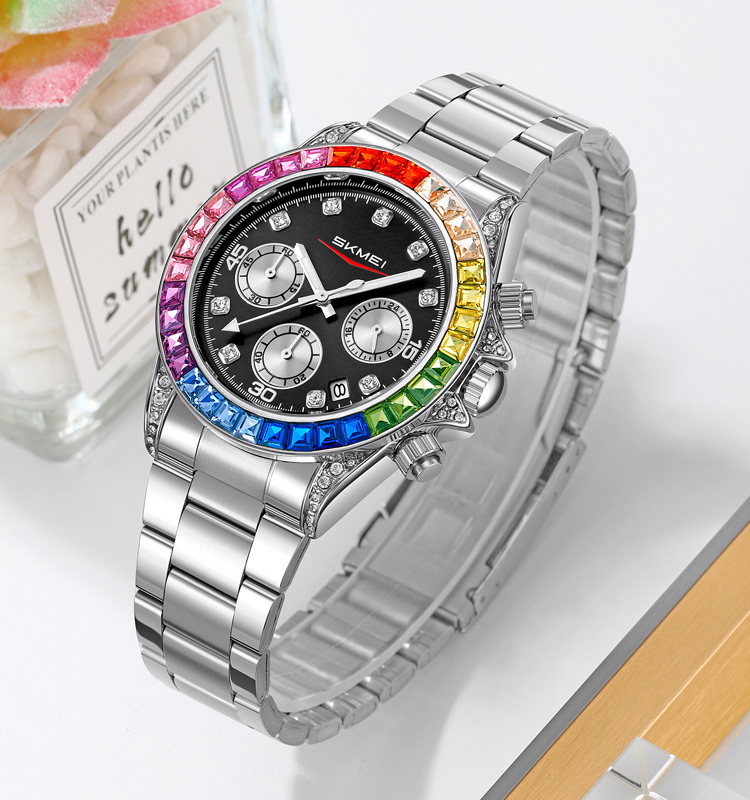 SKMEI 2352 High Quality Quartz Chrono Diamond Wristwatch Fashion Luxury Watch Stainless Steel Strap