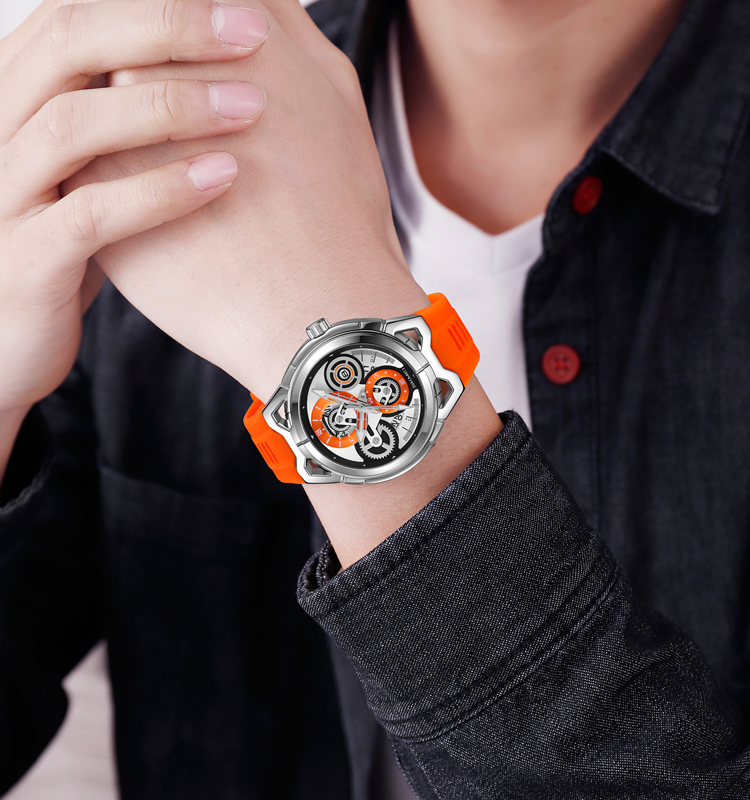 SKMEI 9349 Stainless steel caseback watch boys wrist orange watch japan movement overseas watch silicone belt