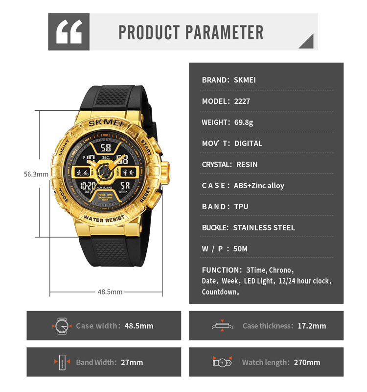 SKMEI 2227 Dual Time Digital Analog Watch for Men Luxury Sport Wristwatch with Shockproof Band Resin Material Alarm Feature