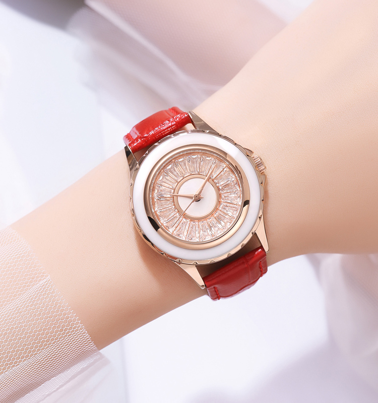 SKMEI 2172 Custom Quartz Wristwatch for Girls New Design with Diamond and Stone Dial Silver Leather Band