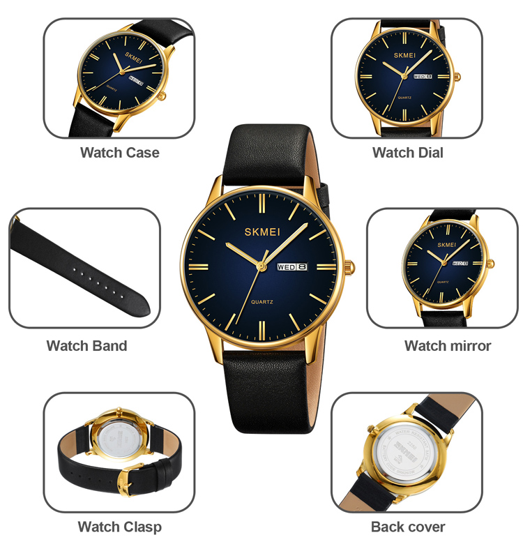 SKMEI 2250 Men's Designer Quartz Luxury Watch Formal Business Style Gold Genuine Leather Custom Watch Luminous Dial Window ODM