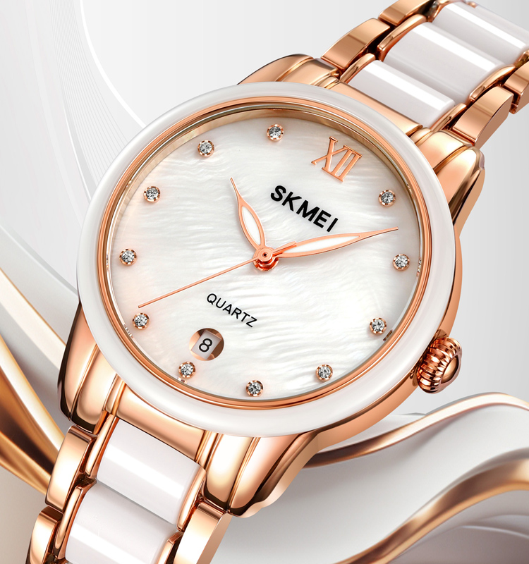 SKMEI 2175 Ladies Quartz Watch with Vintage Zinc Alloy Strap Luxury Ceramic Watch Band Stainless Steel Dial for Women Girls