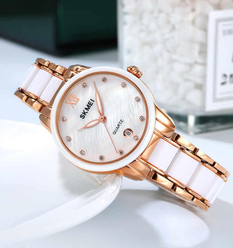 SKMEI 2175 Ladies Quartz Watch with Vintage Zinc Alloy Strap Luxury Ceramic Watch Band Stainless Steel Dial for Women Girls