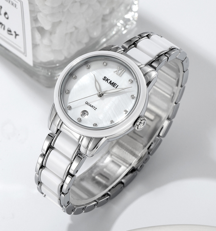 SKMEI 2175 Ladies Quartz Watch with Vintage Zinc Alloy Strap Luxury Ceramic Watch Band Stainless Steel Dial for Women Girls