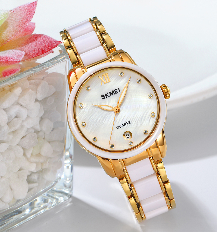 SKMEI 2175 Ladies Quartz Watch with Vintage Zinc Alloy Strap Luxury Ceramic Watch Band Stainless Steel Dial for Women Girls