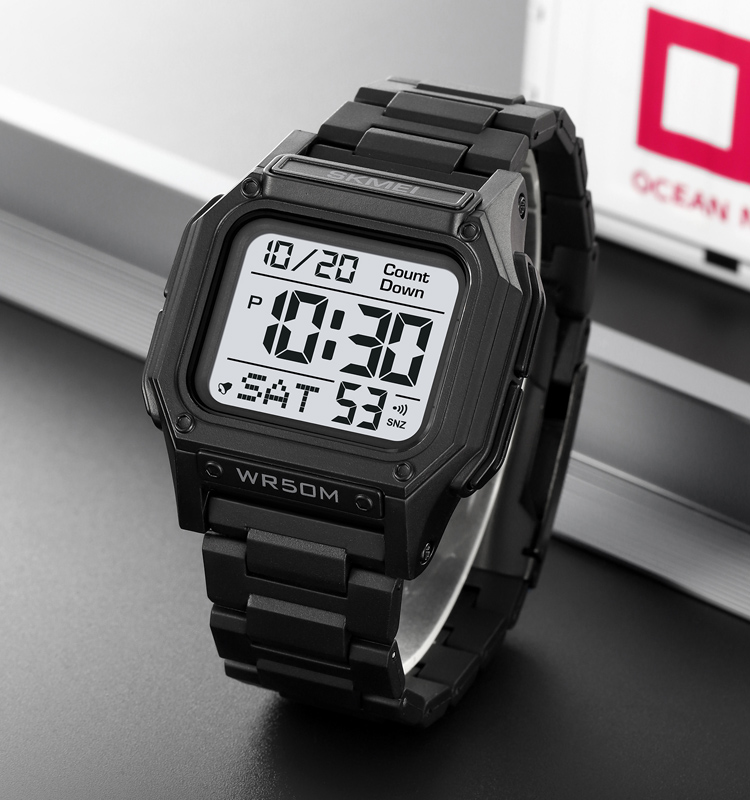 SKMEI 2264 Men's Luxury Stainless Steel Square Digital Wristwatch with Comfortable Silicone Strap Trap Wristbands Style