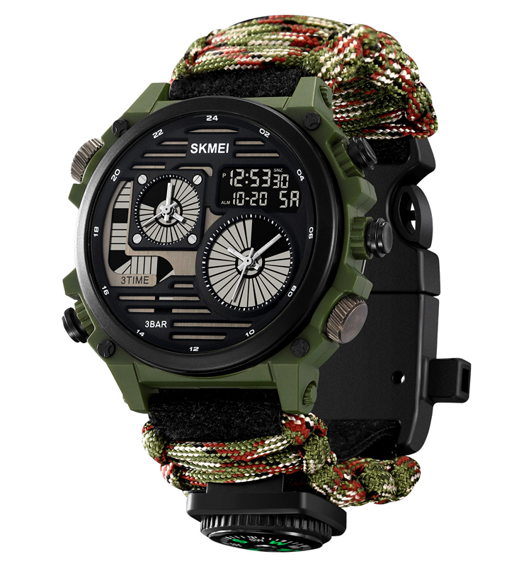 SKMEI 2202 Men's Waterproof Outdoor Survival Paracord Braided Wristband Military Sport Digital Watch with Alarm and Buckle Clasp