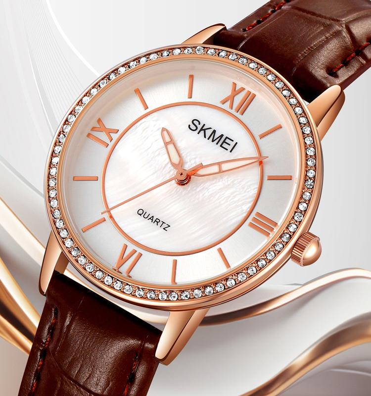 SKMEI 2253 Luxury Analog Diamond Watch for Women Female Luminous Leather Band Stainless Steel Montre with Jewelry Accessories