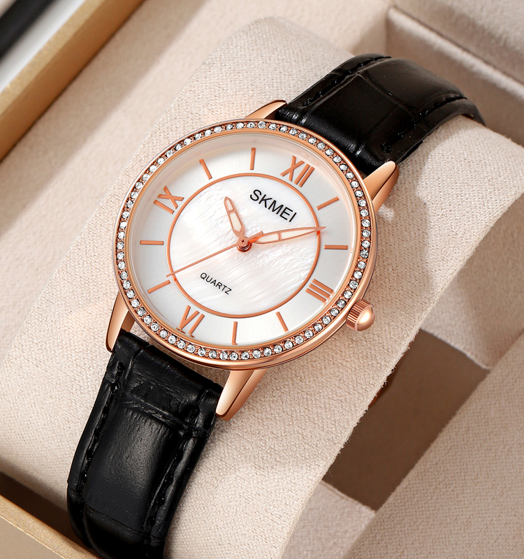 SKMEI 2253 Luxury Analog Diamond Watch for Women Female Luminous Leather Band Stainless Steel Montre with Jewelry Accessories