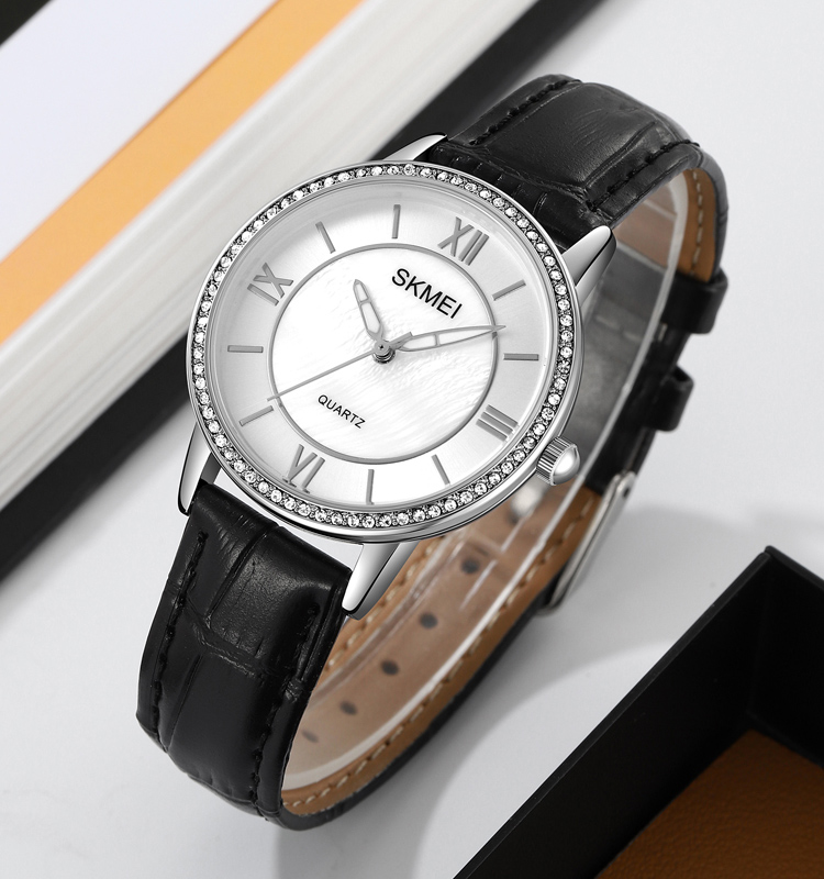 SKMEI 2253 Luxury Analog Diamond Watch for Women Female Luminous Leather Band Stainless Steel Montre with Jewelry Accessories