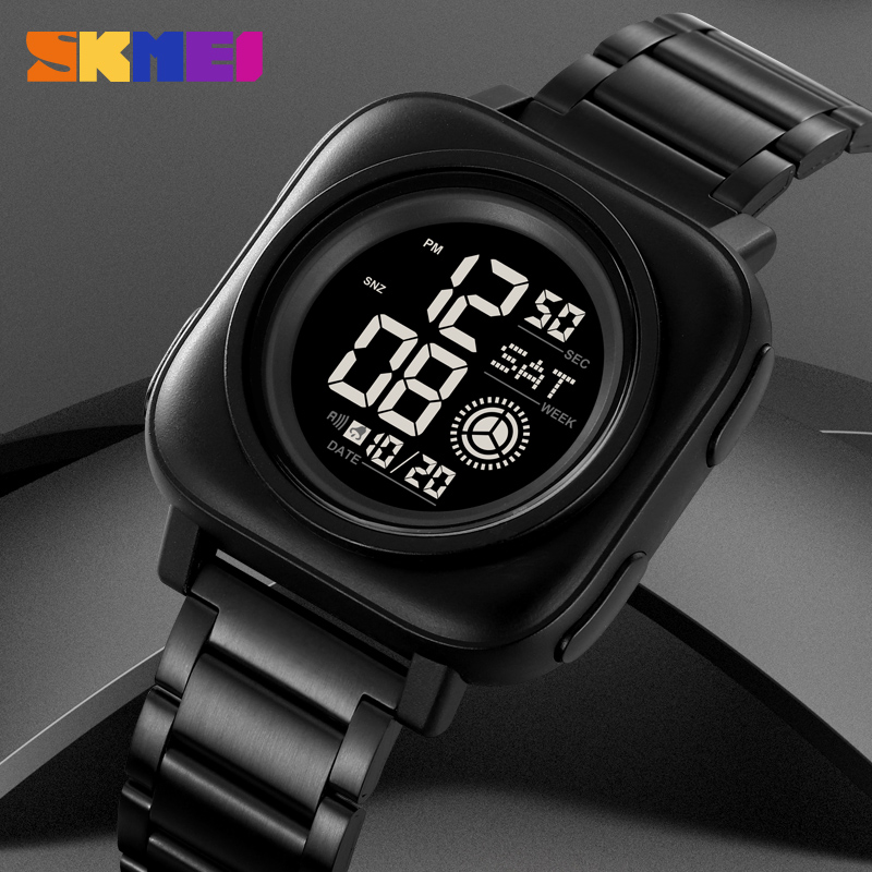 SKMEI 2131 Sport Digital Military Watch with Stainless Steel Square Case Screen Display Stop Watch Alarm Feature Band Position