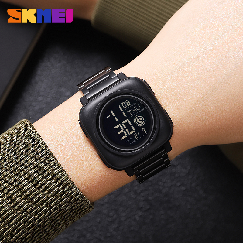 SKMEI 2131 Sport Digital Military Watch with Stainless Steel Square Case Screen Display Stop Watch Alarm Feature Band Position