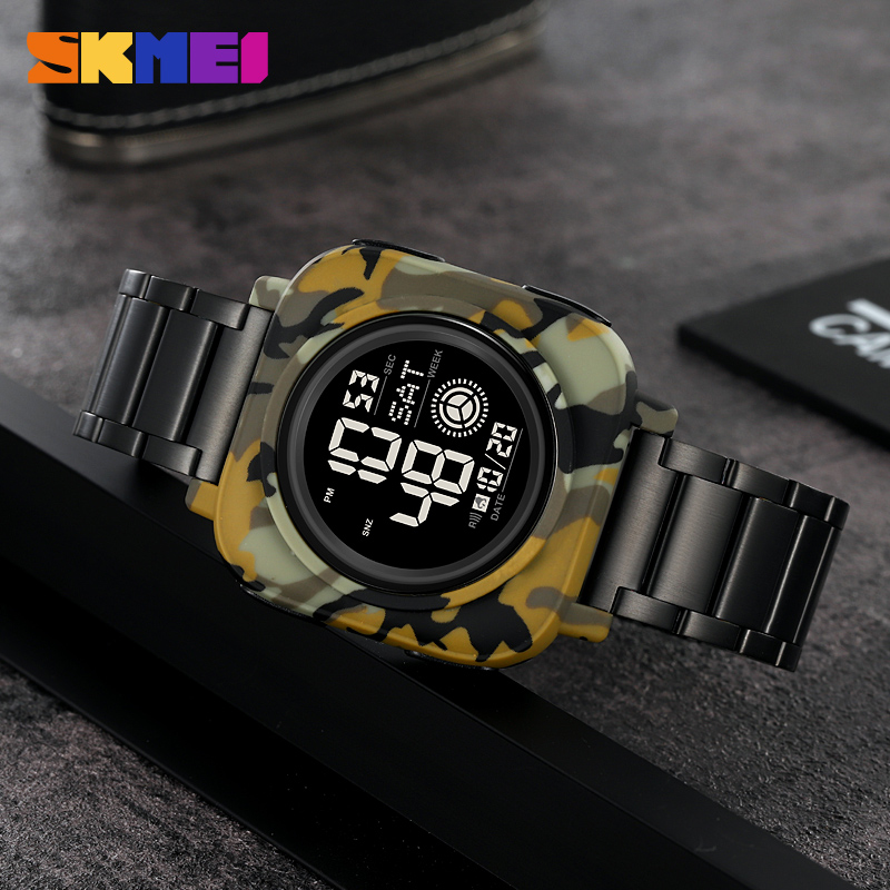 SKMEI 2131 Sport Digital Military Watch with Stainless Steel Square Case Screen Display Stop Watch Alarm Feature Band Position