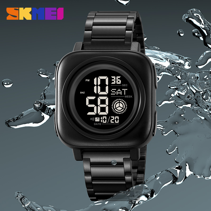 SKMEI 2131 Sport Digital Military Watch with Stainless Steel Square Case Screen Display Stop Watch Alarm Feature Band Position