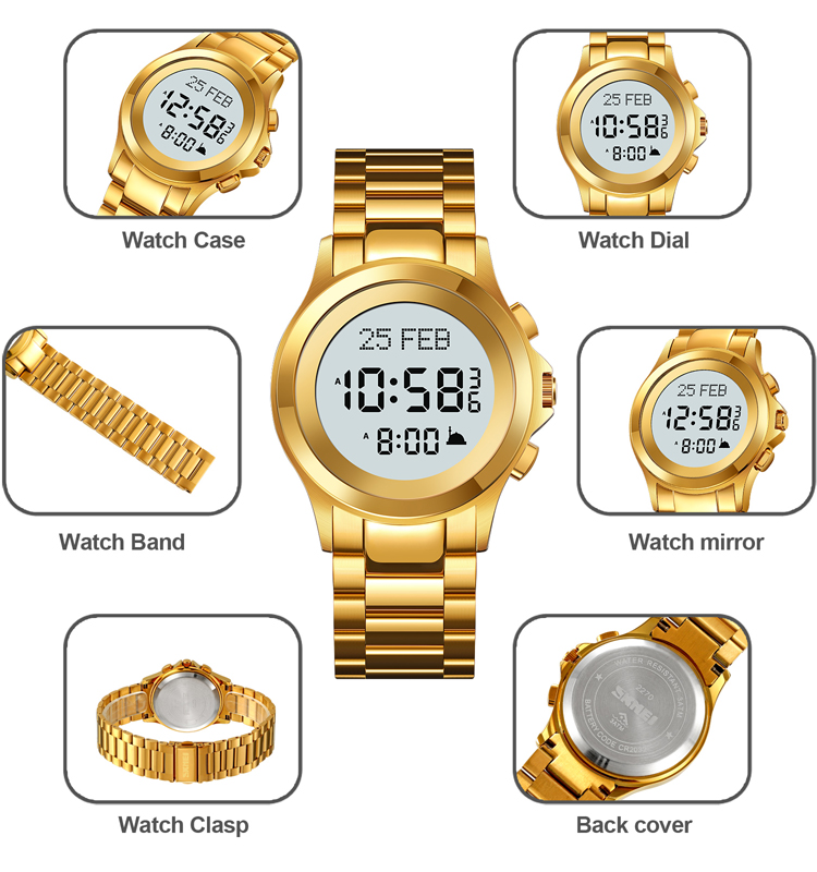 SKMEI 2270 Luxury Digital Azan Watch for Men Gold with Qibla Direction for Muslim Prayer Custom Logo Luminous Band Glass Case