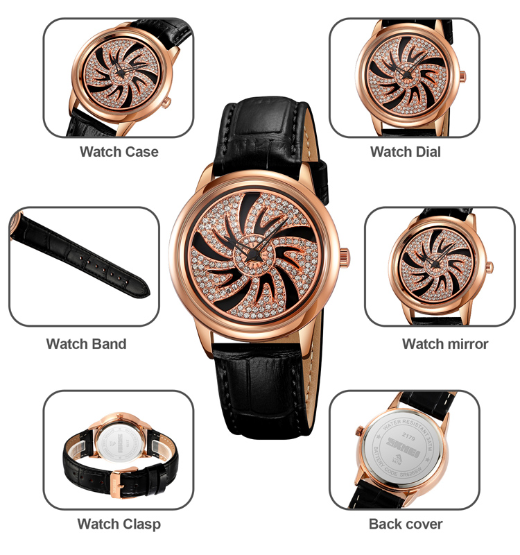 SKMEI 2179 Jewelry luxury diamond rim watch rotation best quality leather wrist watch for women accessory