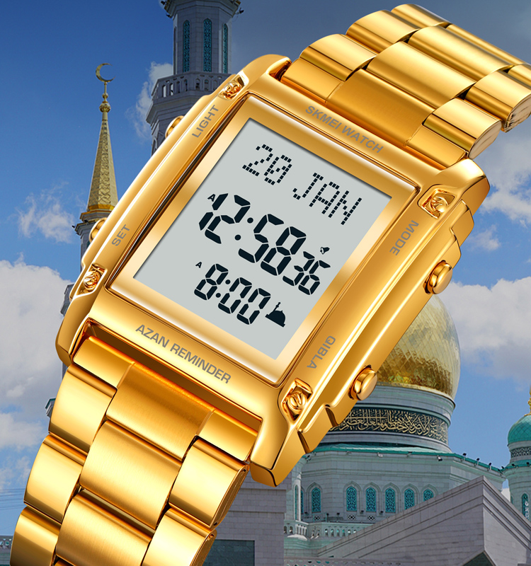 SKMEI 2277 Luxury Islamic Watch for Men Digital Azan Qibla Direction Prayer 30m Water Resistant Stainless Band Alarm Feature