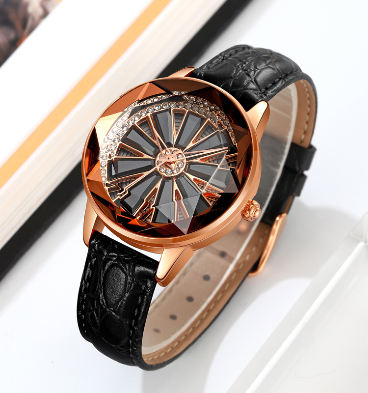 SKMEI 2184 wheel alloy case new model fashion ladies watches spinning car rim women's watches 16mm leather band