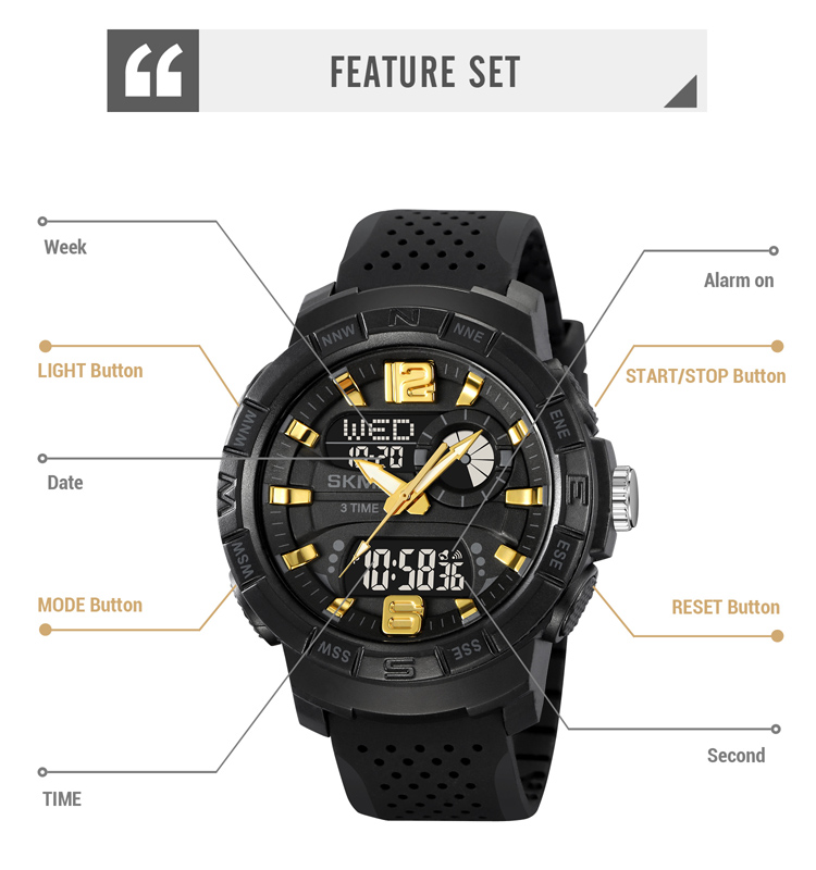 SKMEI 2163 Dual Time Zone Men's Wristwatch 50m Waterproof Sports Fashion Analog & Digital Featuring Alarm & Hand Position Band