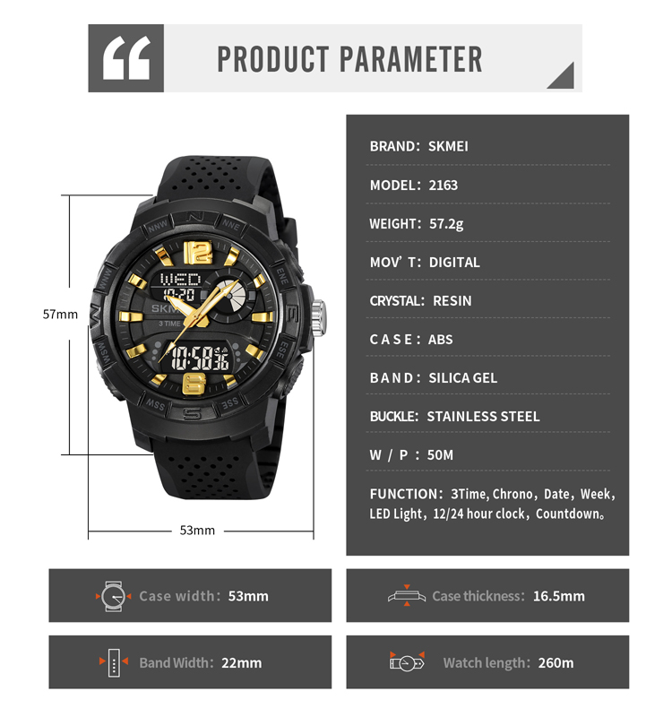 SKMEI 2163 Dual Time Zone Men's Wristwatch 50m Waterproof Sports Fashion Analog & Digital Featuring Alarm & Hand Position Band