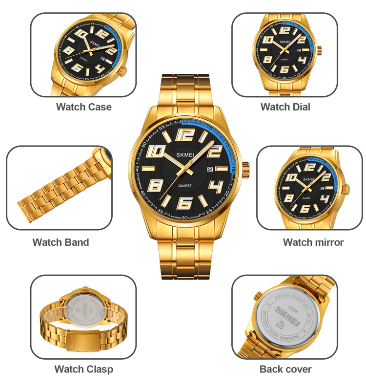 SKMEI 2088 gold plated watches men wristwatch vintage luxury watch custom 100m waterproof analog watch manufacturer