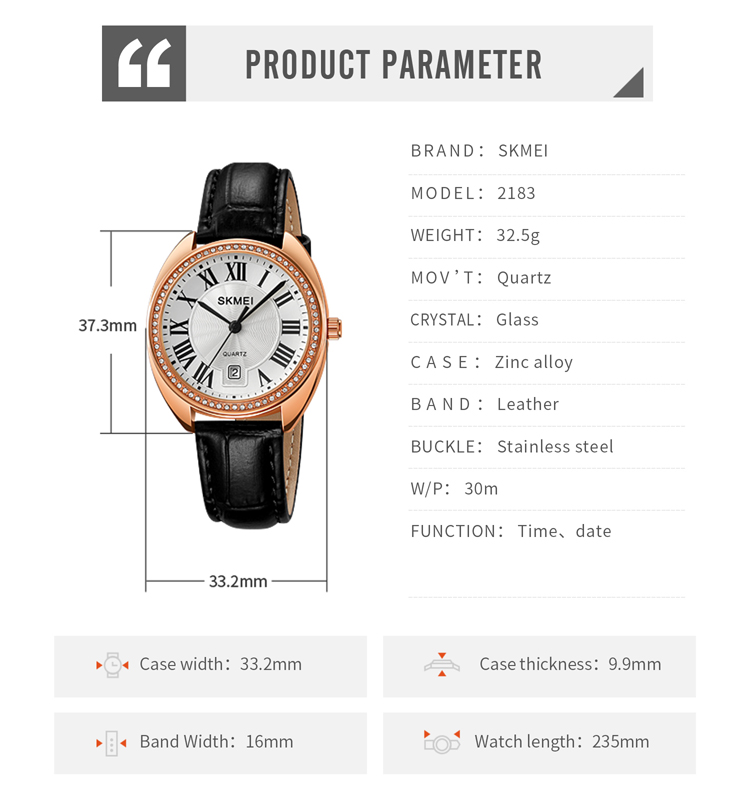 SKMEI 2183 Roman Numerals Ladies Watch Fashion Leather Strap Diamond Quartz Watches Women Classic Retro Female Wristwatch