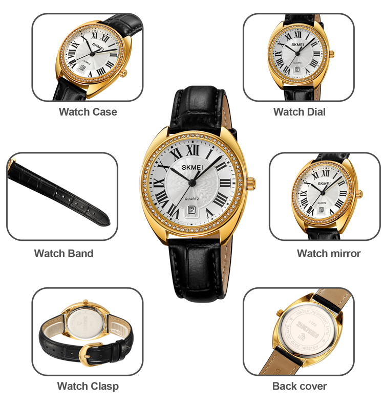 SKMEI 2183 Roman Numerals Ladies Watch Fashion Leather Strap Diamond Quartz Watches Women Classic Retro Female Wristwatch