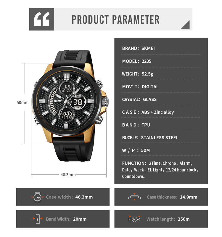 SKMEI 2235 Popular Fashion Wrist Watch Men Wrist Relojes Digital Sport Watch Dual Time Digital watches relogio