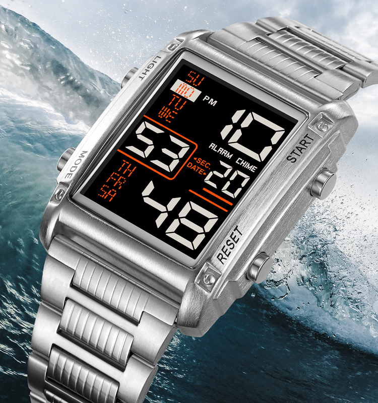 SKMEI 2206 Electronic Digital Square Stainless Steel Dual Time Display Multifunction Watch 3ATM Waterproof Chrono Relojes Hombre