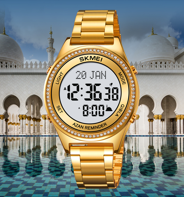 SKMEI 2168 High Quality Muslim Prayer Watch Stainless Steel Arabic Islamic Azan Watch Qibla Timepiece Compass Direction Prayer Time