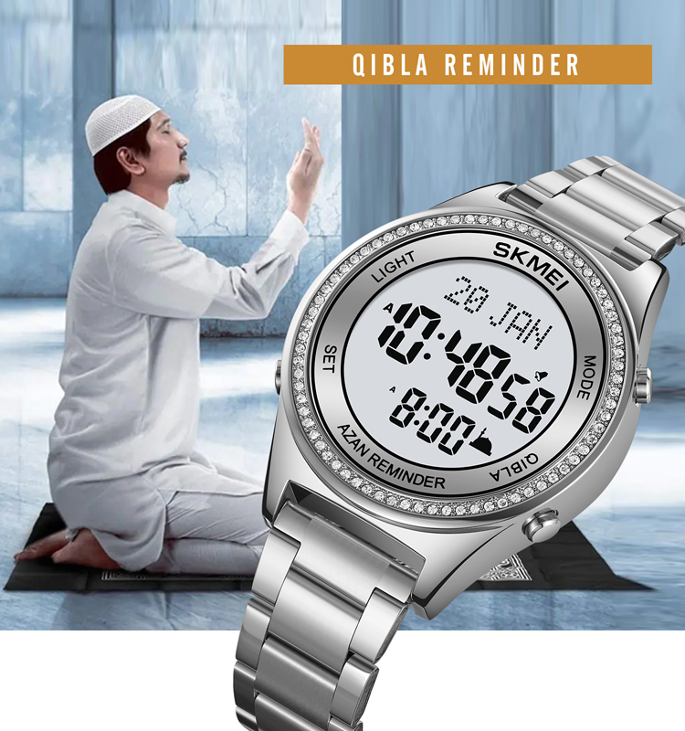 SKMEI 2168 High Quality Muslim Prayer Watch Stainless Steel Arabic Islamic Azan Watch Qibla Timepiece Compass Direction Prayer Time