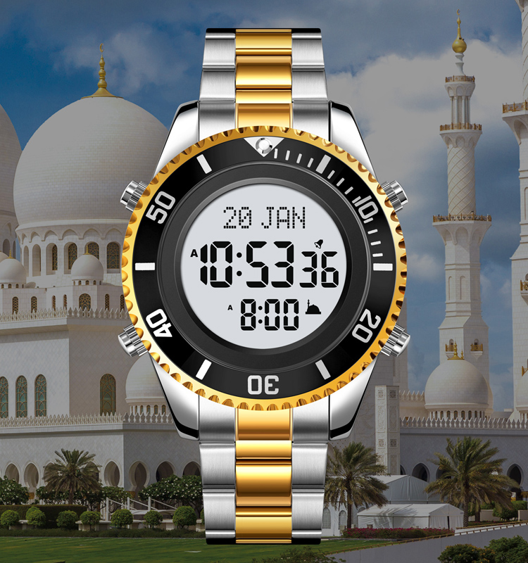 Skmei 2141 Islamic Azan stainless steel strap waterproof wrist watch reloj luxury and simple Azan Muslim prayer watch men