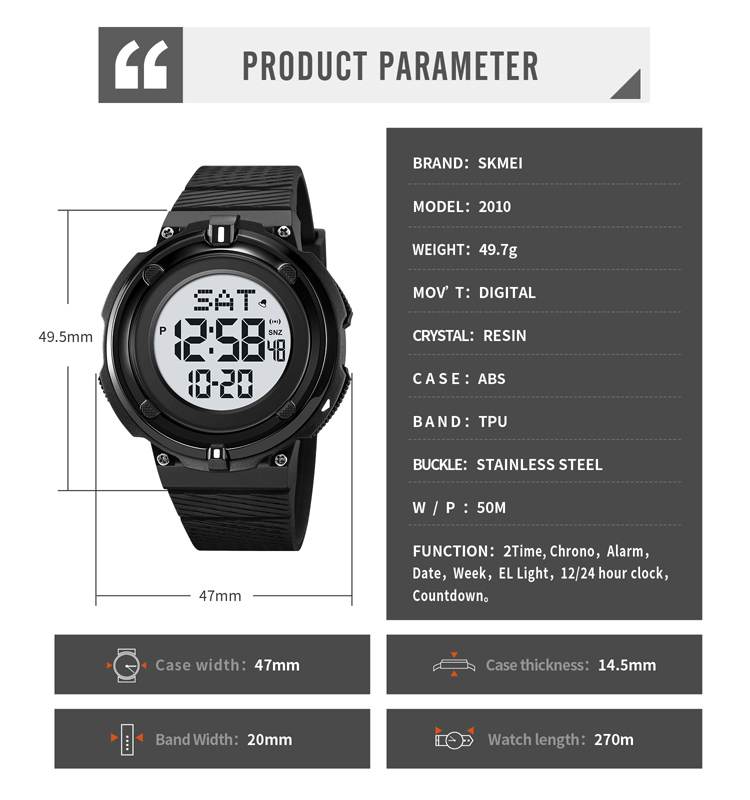 SKMEI 2010 Wholesale G Style Large Wristwatch Digital Sport Chronograph Dual Time Plastic Black Watch For Men Relojes